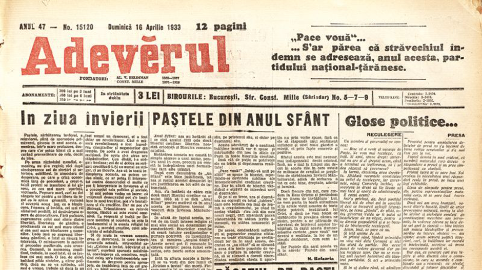 „Adevărul“ se distribuie împreună cu ediţia de Paşte din 1933